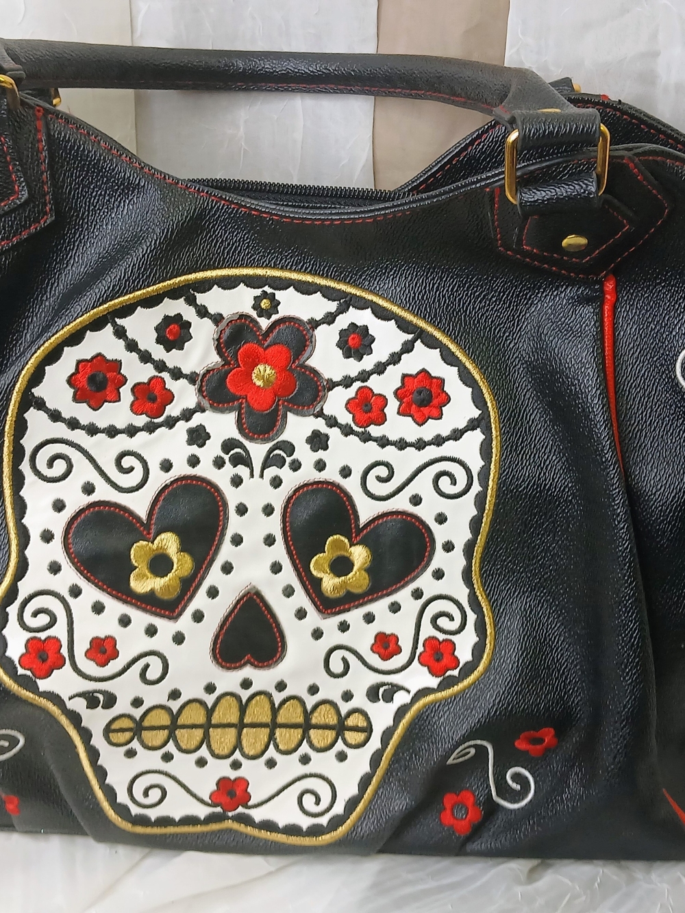 Black Embroidered Sugar Skull Shoulder Bag with Red & Gold Accents